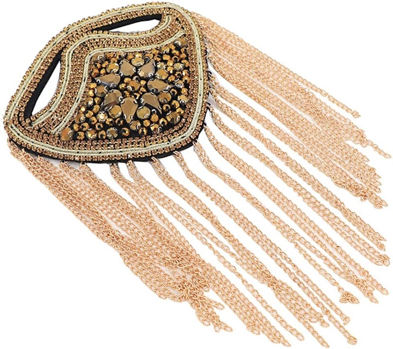 Zthread Crystal Beaded Shoulder Epaulete Badge Rhinestone Shoulder Brooch Pin Gold Chain Tassel Fringe Shoulder Epaullette (Gold) - Image 3
